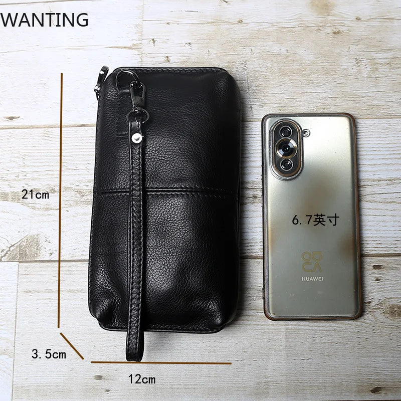 Mens Leather Handbag Retro Wallet With Zippered Capacity