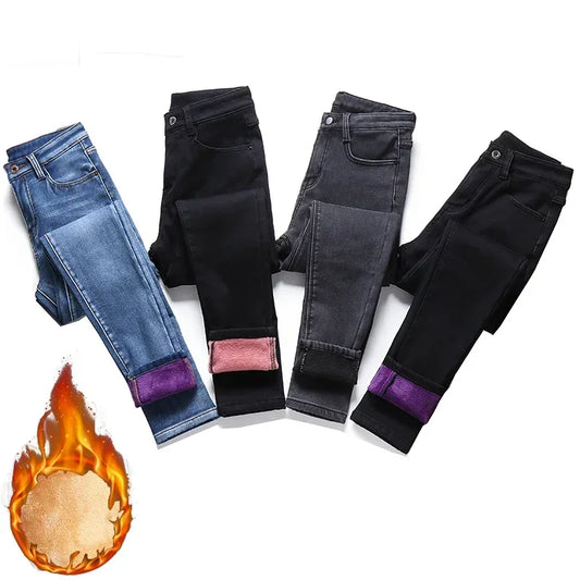 Women Thermal Skinny Jeans Winter Warm Fleece Denim Pants