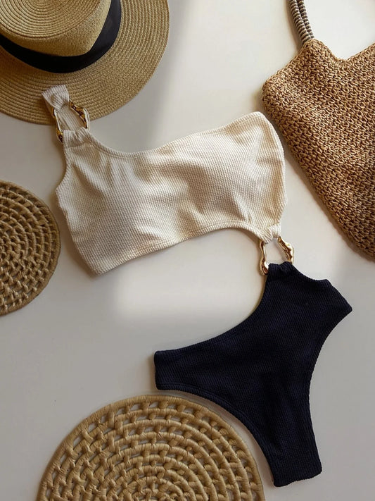 Women One Shoulder Asymmetric Swimsuit With Metal Ring