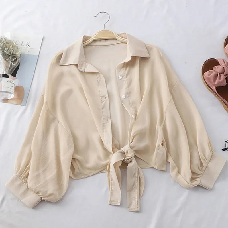 Casual White Chiffon Blouse Tie Waist Bat Sleeve Shirt