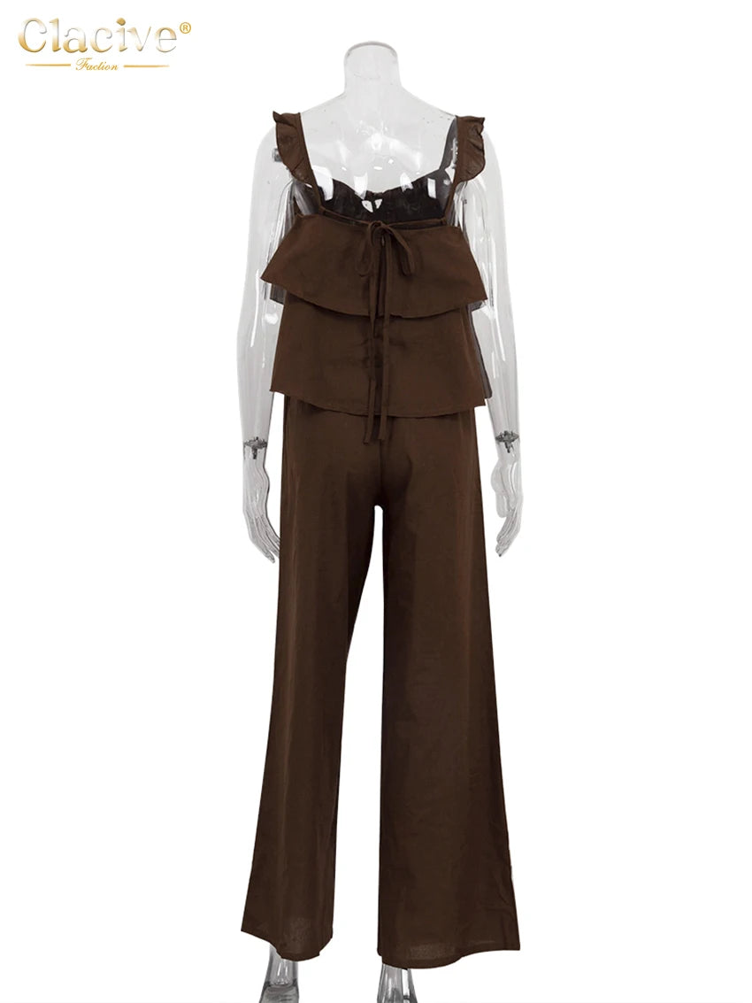 Clacive White Cotton Sleeveless Two Piece Set High Waist