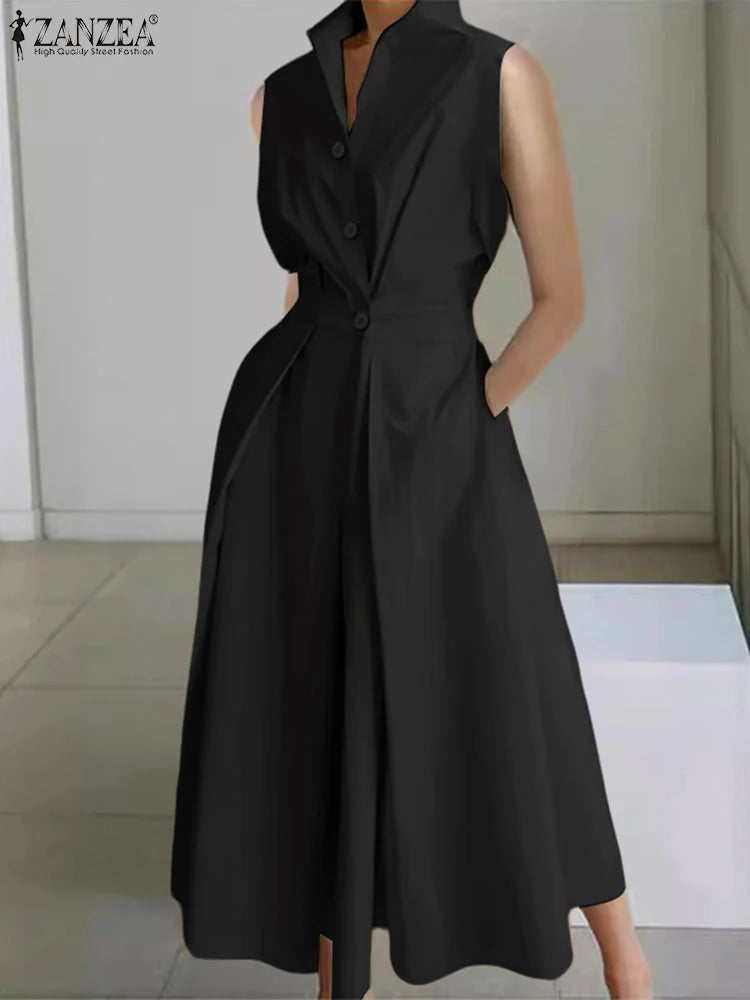 Women High Waist Midi Shirt Dress in Polyester Short Sleeve