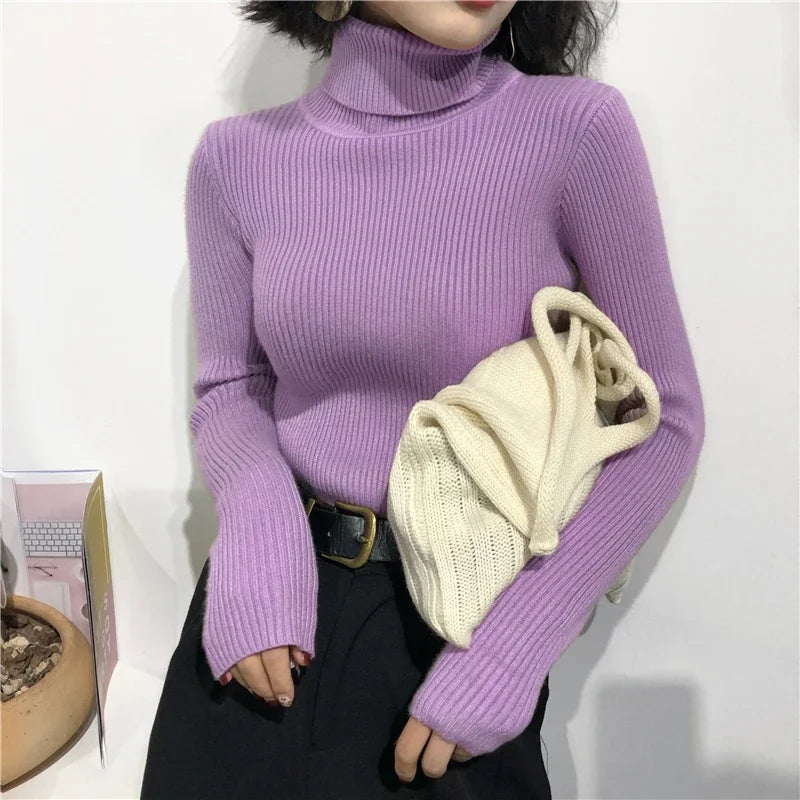 2024 Autumn Thick Knit Sweater For Women Ribbed Turtleneck
