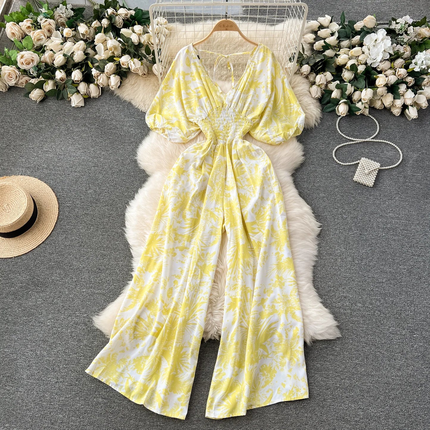 V Neck Dolman Sleeve Floral Print Jumpsuit For Women