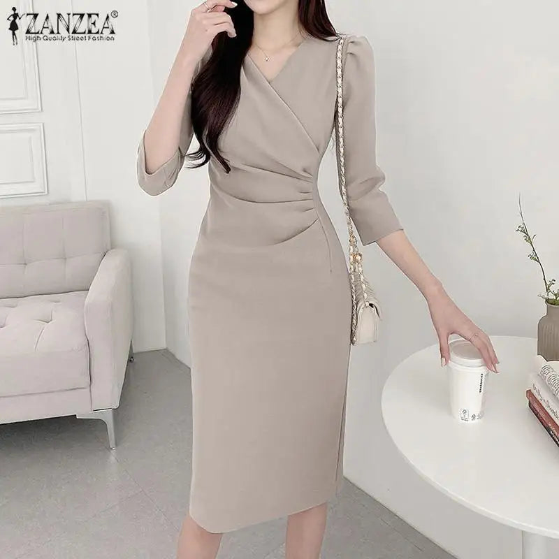 Elegant Knee Length V Neck Dress With Three Quarter Sleeves