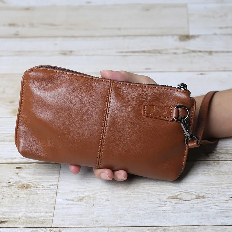 Mens Leather Handbag Retro Wallet With Zippered Capacity