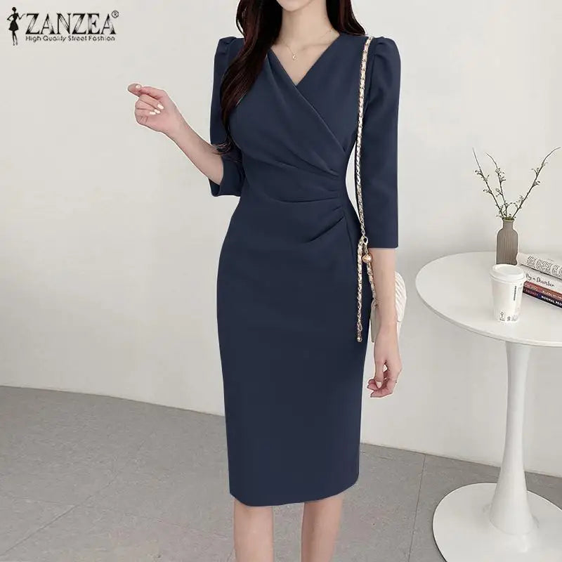 Elegant Knee Length V Neck Dress With Three Quarter Sleeves