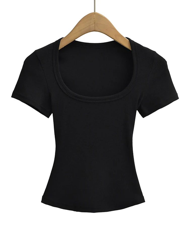 Summer Square Neck High Elasticity Crop Top Women Slim Fit