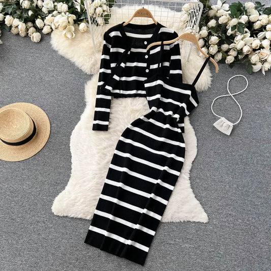 Korean Patchwork Striped Spaghetti Strap Dress Cardigan Set