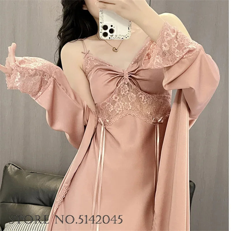 Temptation Lace Nightgown And Robe Set Satin Sleepwear