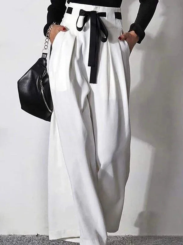 Bonboho White Drawstring High Waist Wide Leg Pants Women