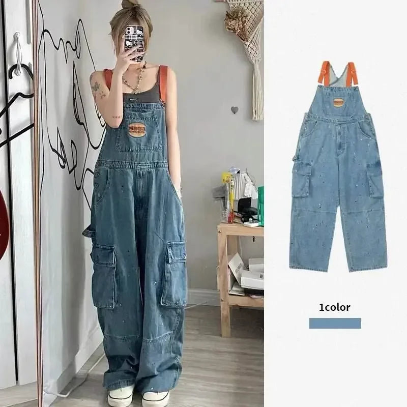 Cool Girl Embroidered Denim Strap Jumpsuit For Women Retro