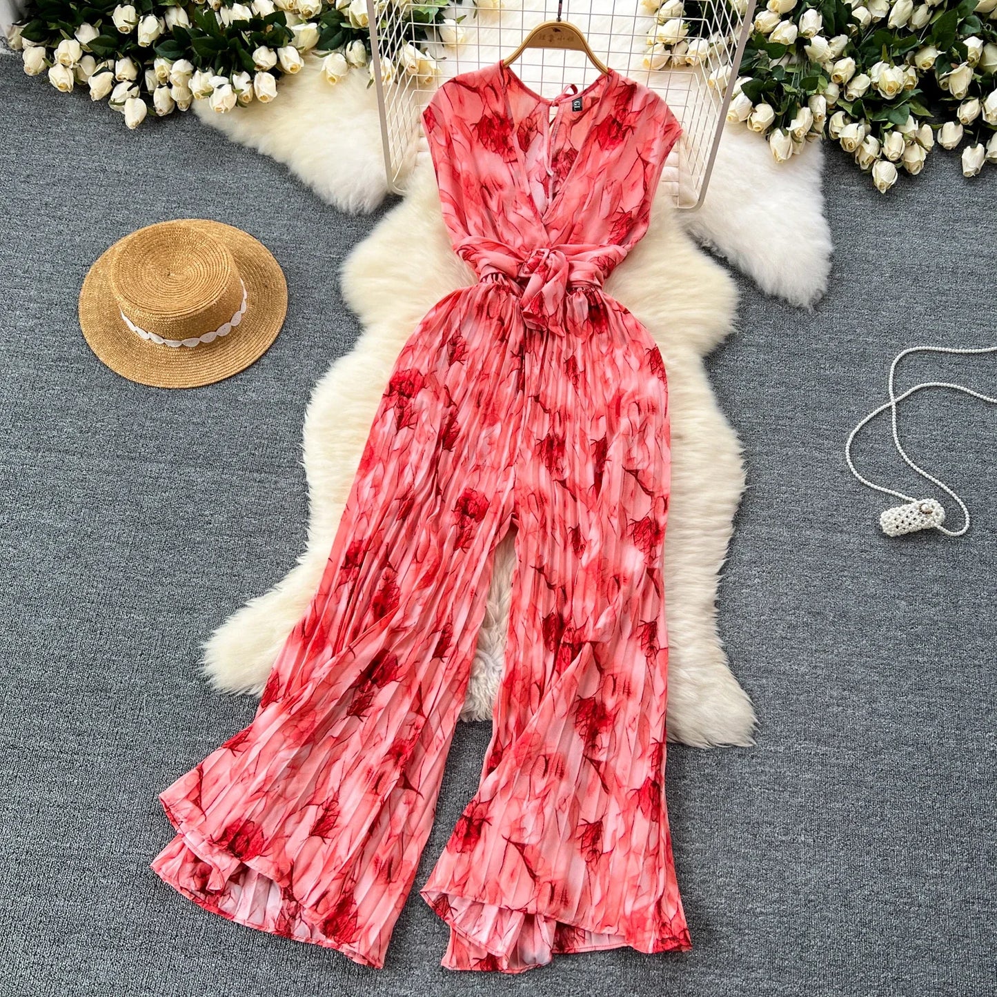 Summer Abstract Print Jumpsuit Wide Leg V Neck Women