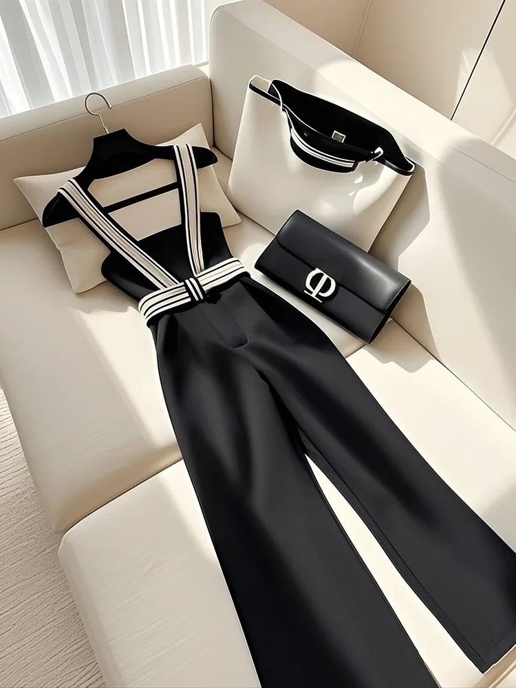 Korean Fashion Black Jumpsuit Women Strap Camisole Wide Leg