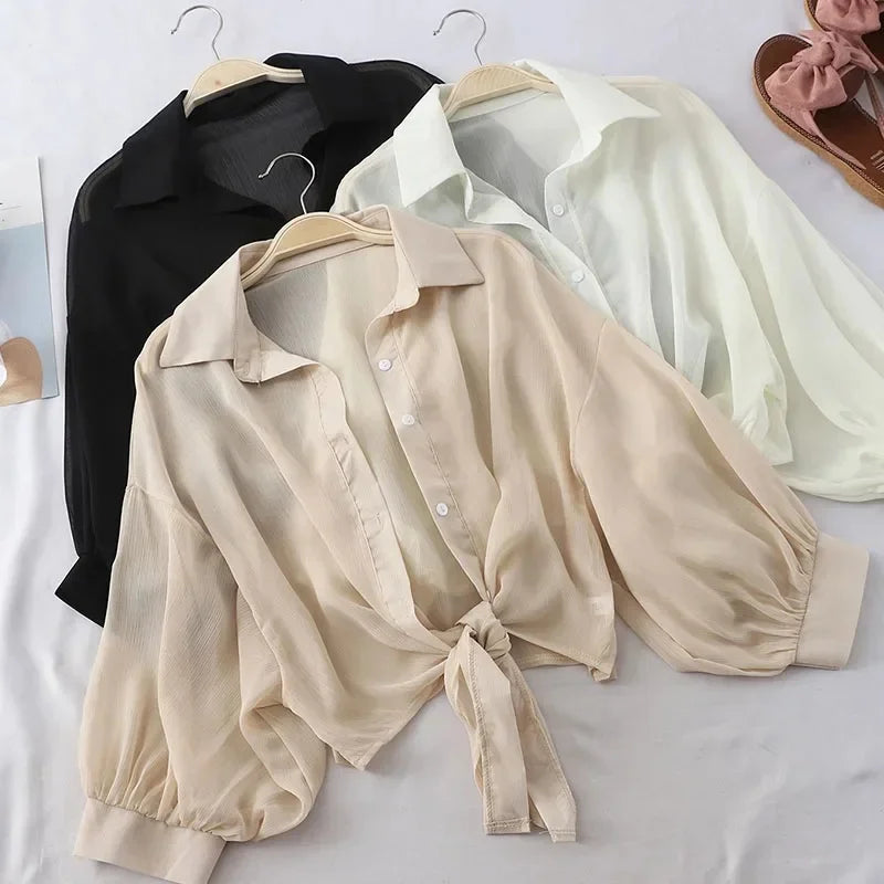 Casual White Chiffon Blouse Tie Waist Bat Sleeve Shirt