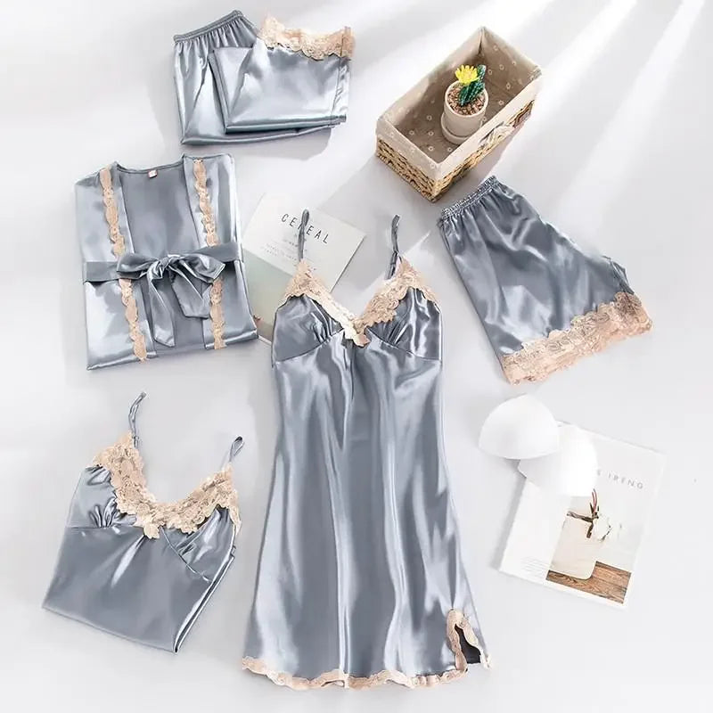 Five Piece Lace Satin Pajamas Set With V Neck For Women