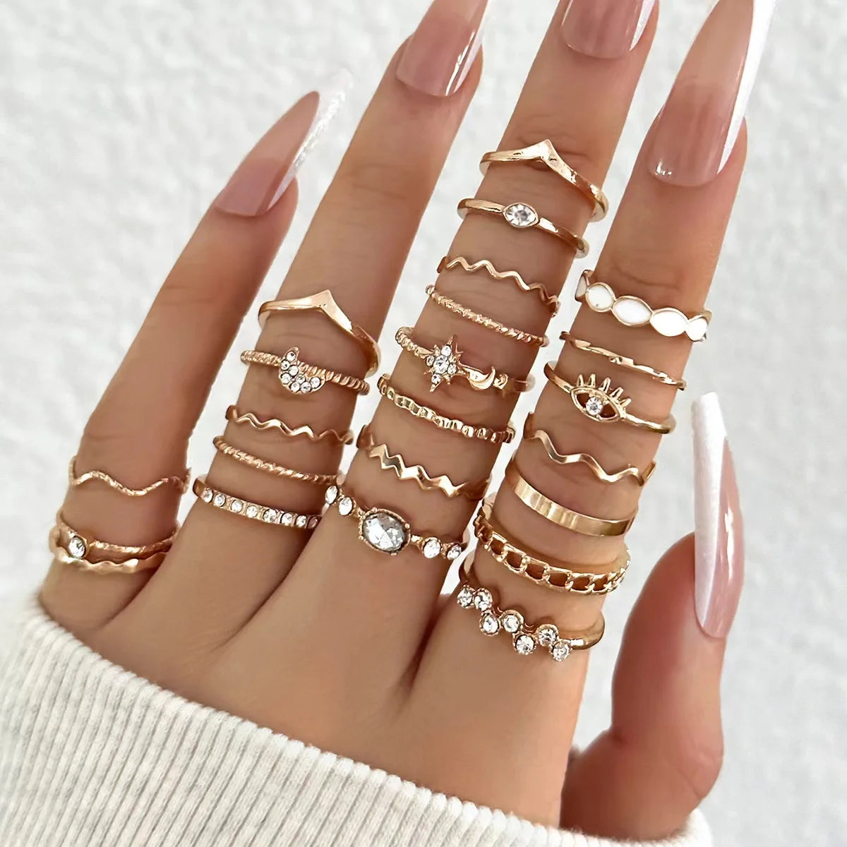 23Pcs Luxury Shiny Zircon Wave Ring Set for Daily Wear