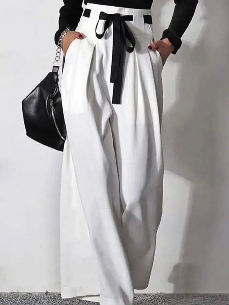 Bonboho White Drawstring High Waist Wide Leg Pants Women