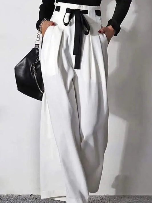 Bonboho White Drawstring High Waist Wide Leg Pants Women
