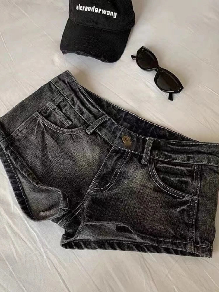 Y2K Denim Mini Shorts Women Low Rise Button Fly Gyaru Style