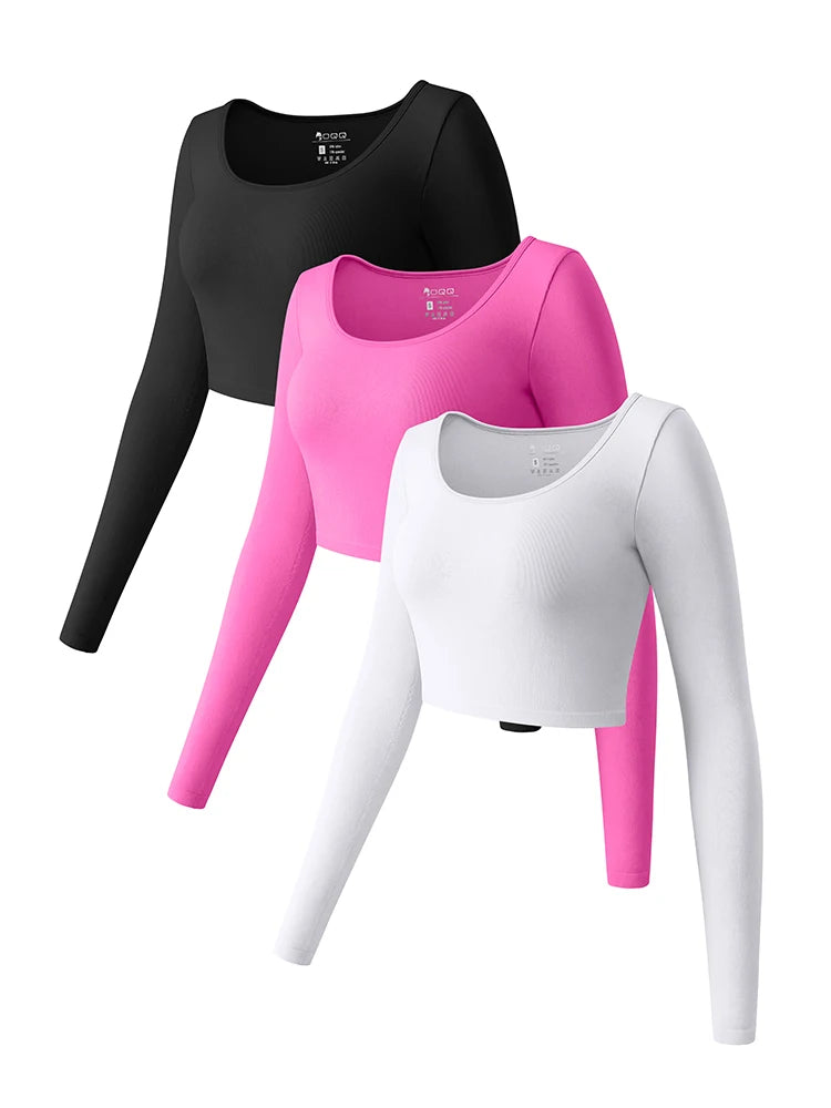 Womens Yoga Top Long Sleeve Round Neck Seamless Gym Wear