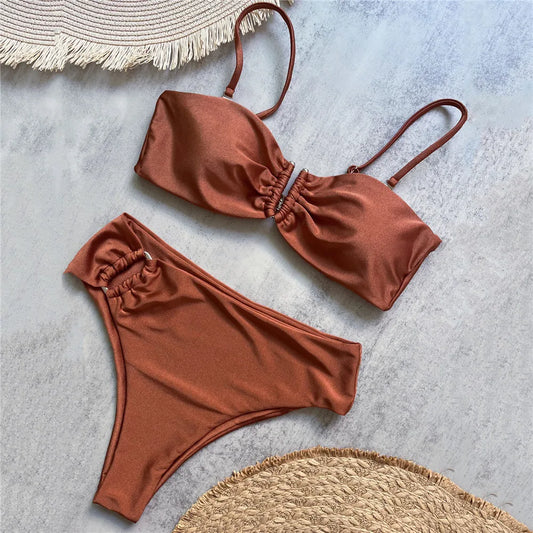 Brown Shiny U Shaped Bikini High Waist Swimsuit Women 2025