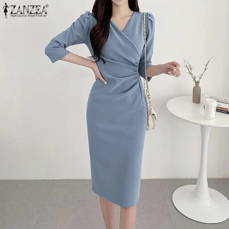 Elegant Knee Length V Neck Dress With Three Quarter Sleeves
