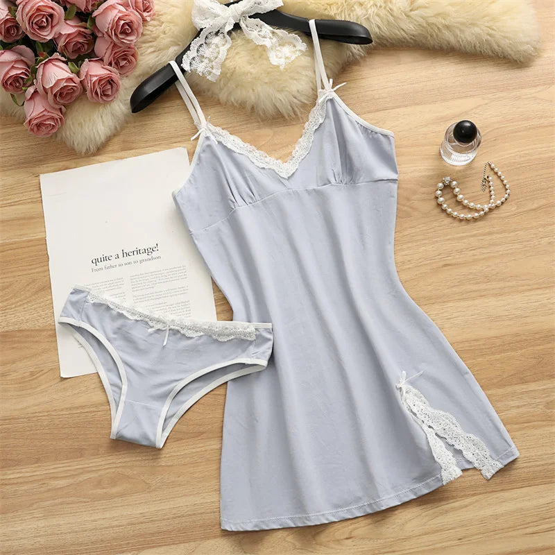 Women Cotton Pajama Set Two Piece Nightdress Bow Sleepwear