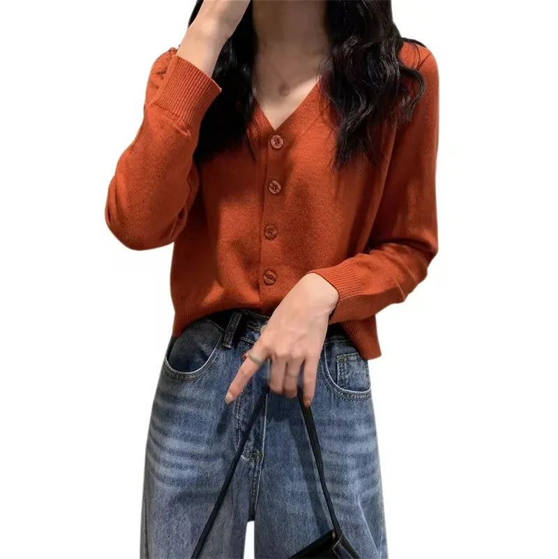 Women's Long Sleeve Cropped V Neck Cardigan Knit Sweater