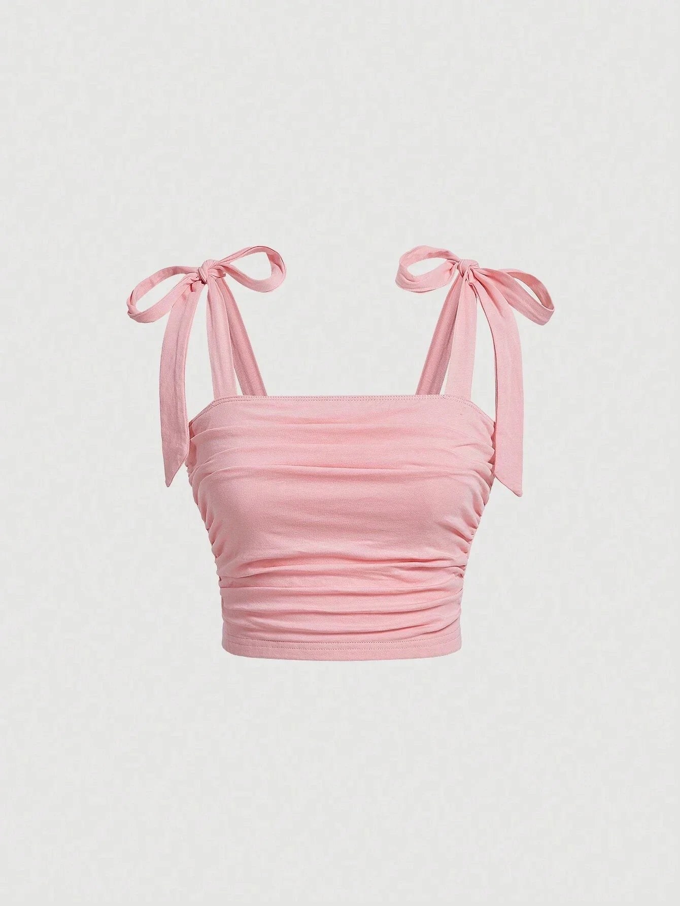 Solid Tie Shoulder Ruched Wide Strap Crop Top Pink Cami