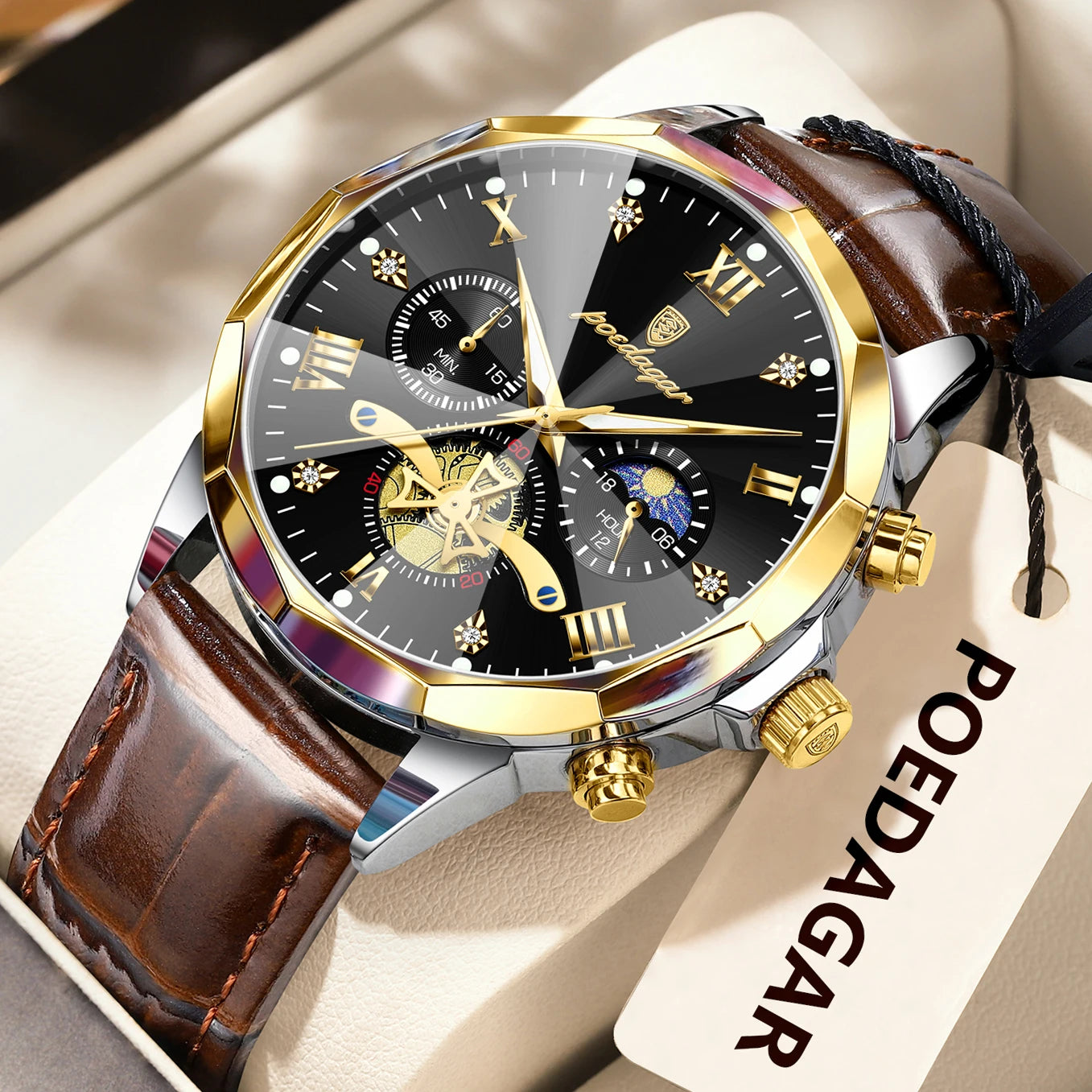 POEDAGAR Men Wristwatch Quartz Waterproof Chronograph