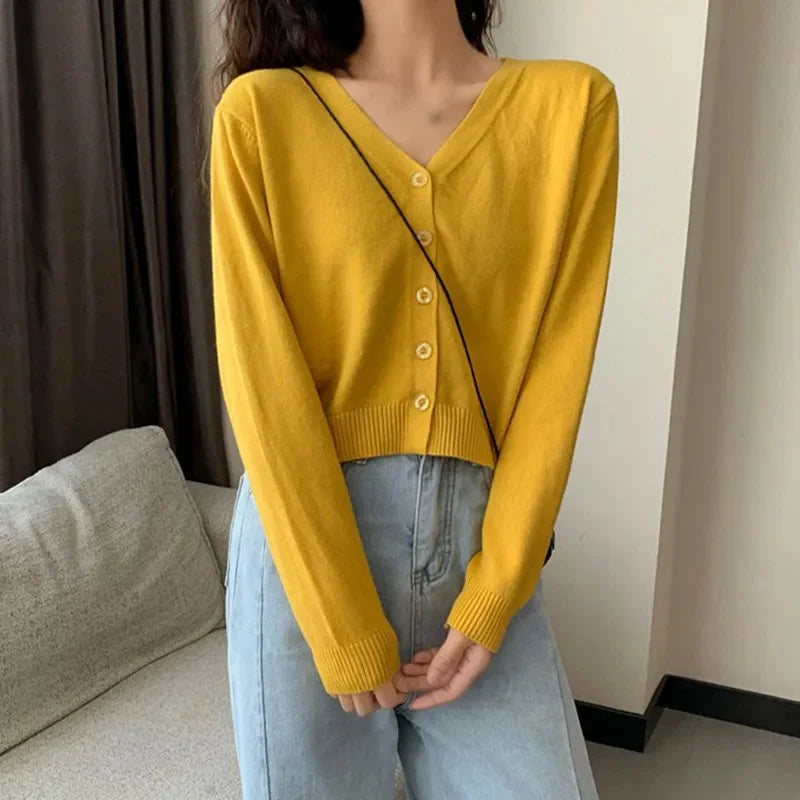 Women's Long Sleeve Cropped V Neck Cardigan Knit Sweater