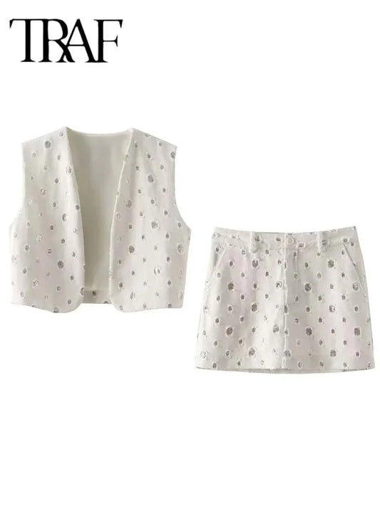 Traf Elegant Sequin Skirt Set For Women 2 Piece Vest Suit