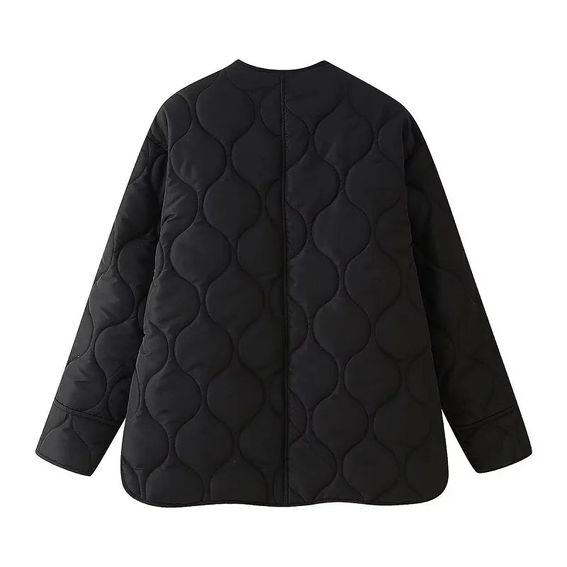 Mujer Black Quilted Padded Jacket Women Long Sleeve Coat