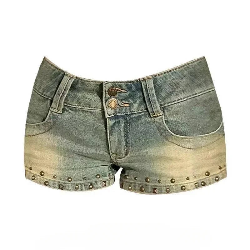 Y2K Denim Mini Shorts Women Low Rise Button Fly Gyaru Style