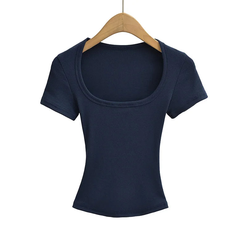 Summer Square Neck High Elasticity Crop Top Women Slim Fit