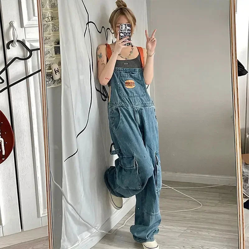 Cool Girl Embroidered Denim Strap Jumpsuit For Women Retro