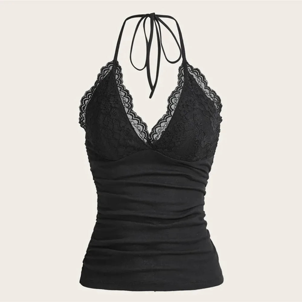 Black Lace Patchwork Halter Backless Sleeveless Top