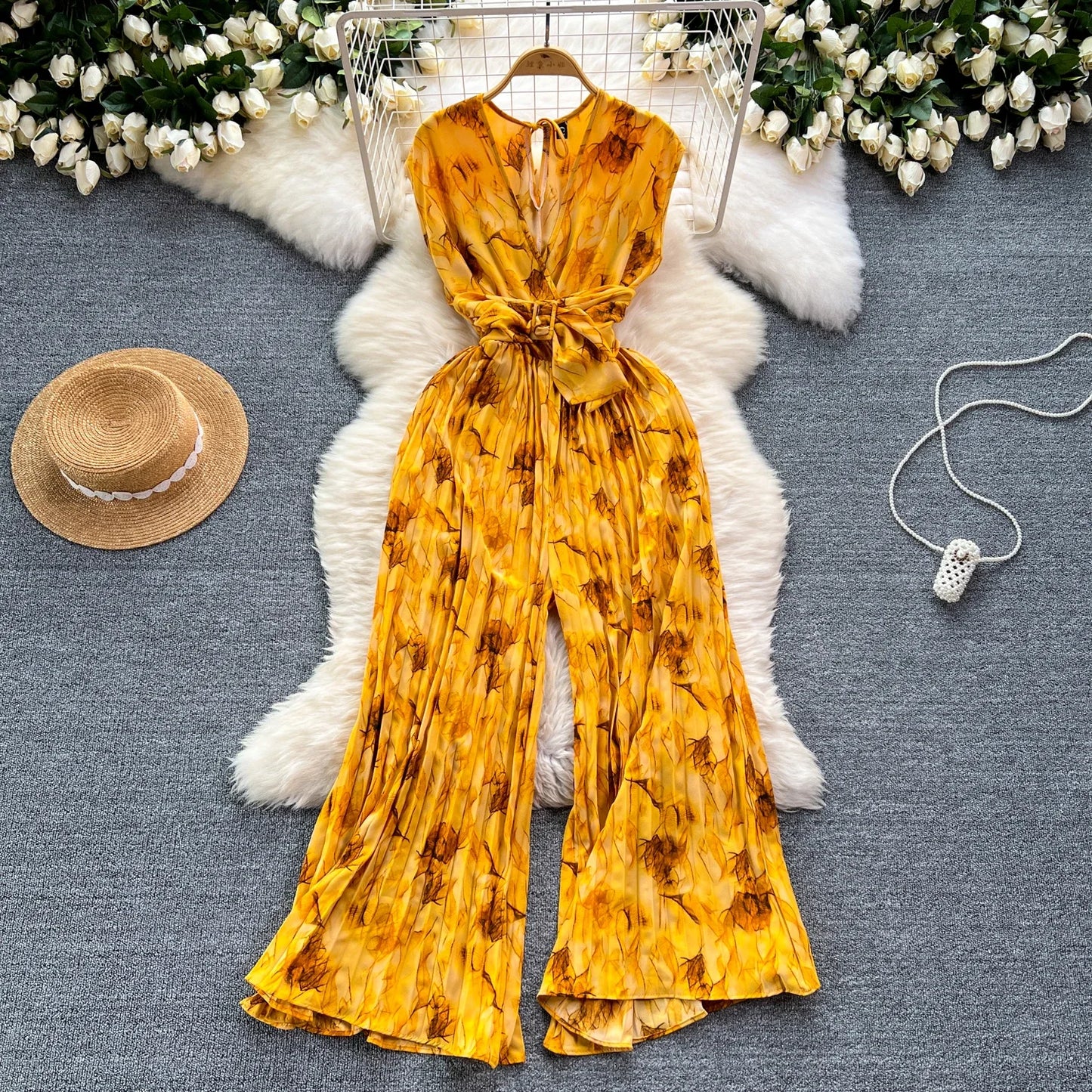 Summer Abstract Print Jumpsuit Wide Leg V Neck Women