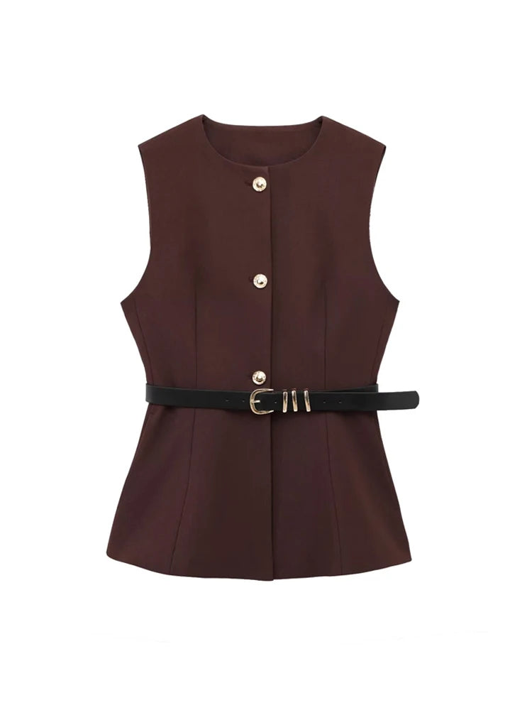 Women Long Waistcoat With Belt O Neck Vest Gold Button