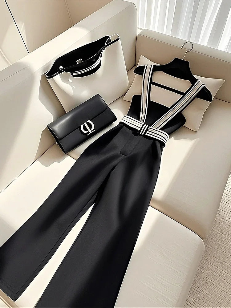 Korean Fashion Black Jumpsuit Women Strap Camisole Wide Leg