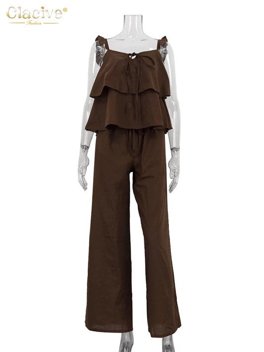 Clacive White Cotton Sleeveless Two Piece Set High Waist