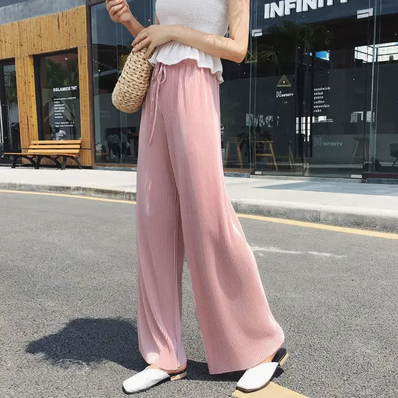 Women Wide Leg Pleated Ice Silk Pants Elastic Waist