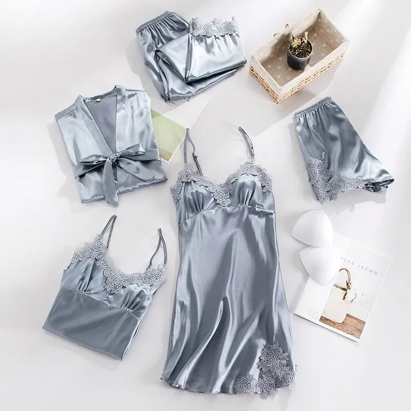 Five Piece Lace Satin Pajamas Set With V Neck For Women