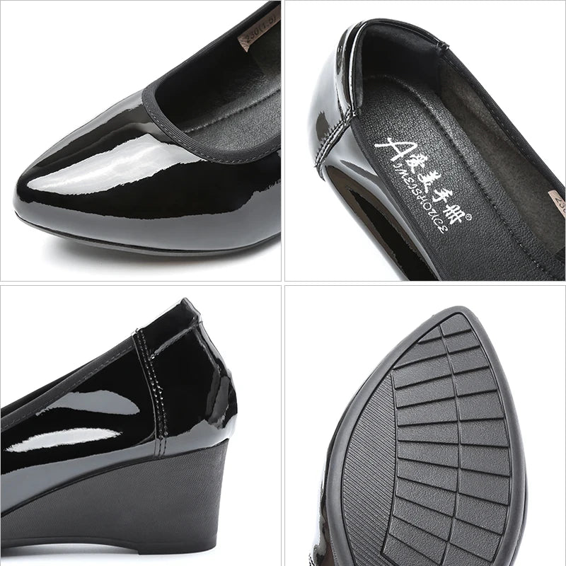 Pointed Toe Patent Leather Heels For Women Wedge Slip On