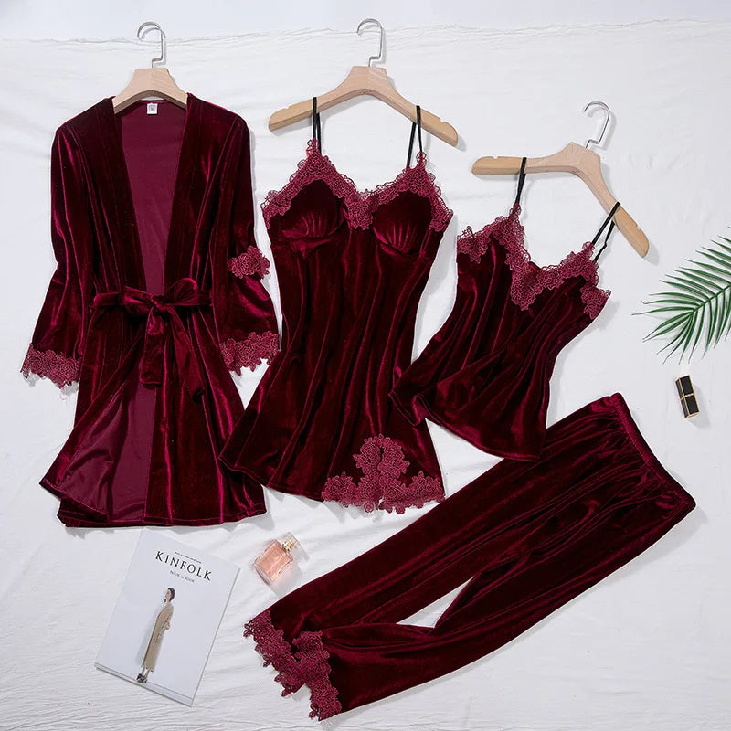 Velour Home Pajama Set For Women 4pcs Lace Velvet Sleepwear