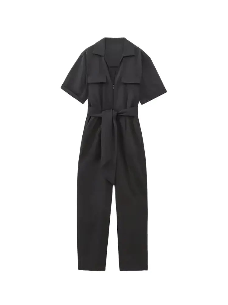 Womens Belted Front Zip Jumpsuit Short Sleeve Pockets