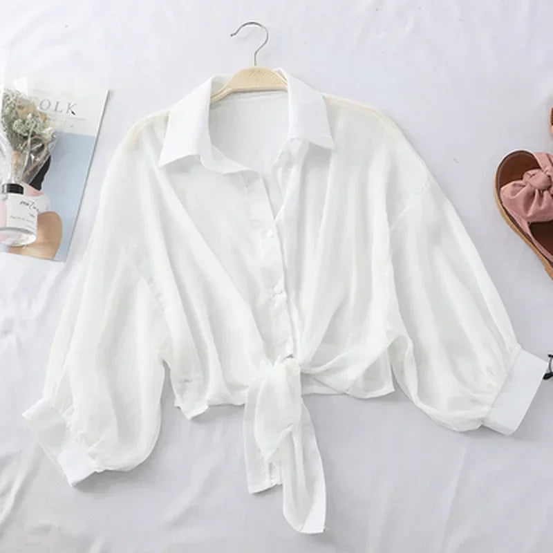 Casual White Chiffon Blouse Tie Waist Bat Sleeve Shirt