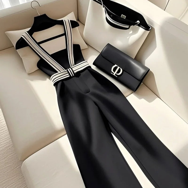 Korean Fashion Black Jumpsuit Women Strap Camisole Wide Leg