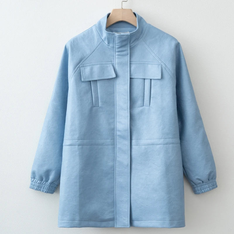 Women PU Leather Jacket With Elastic Waist Outerwear